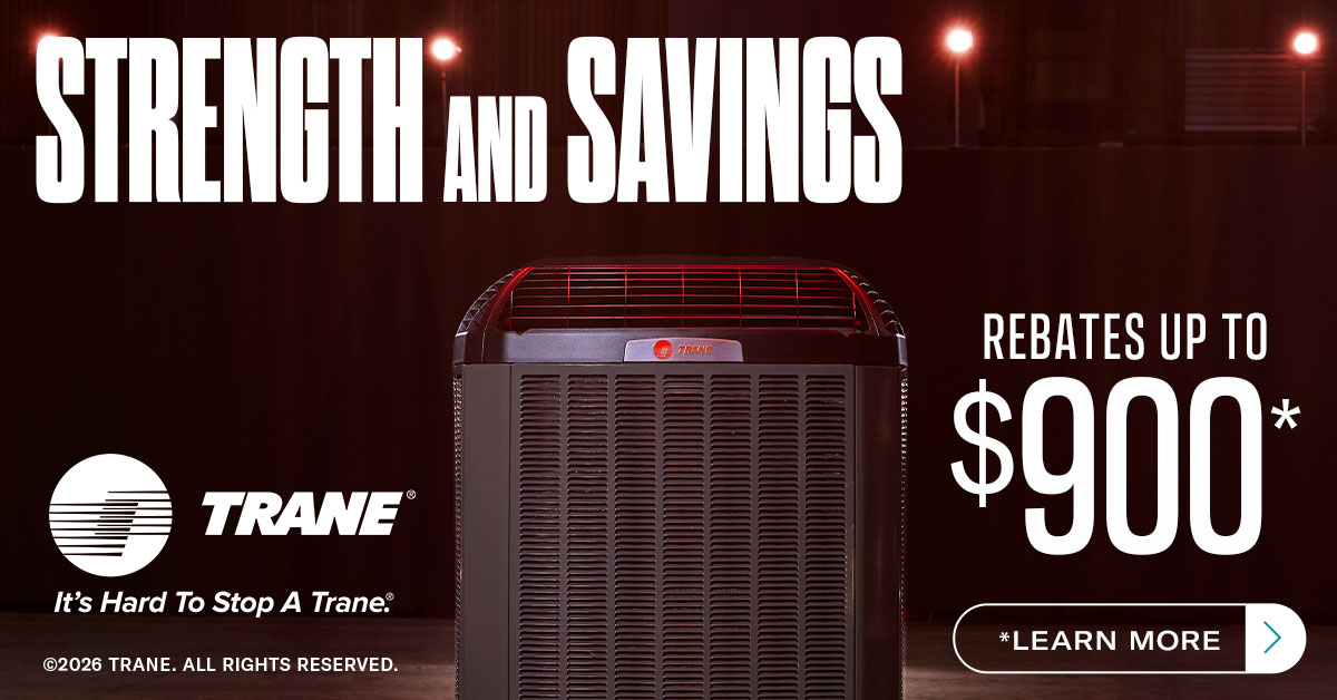 Trane Spring 2026 marketing banner showing a Trane outdoor unit and rebates up to 900 dollars